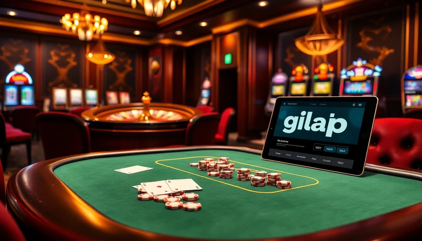 Experience the thrill of poker at gilajp's luxurious casino table with vibrant slot machines.