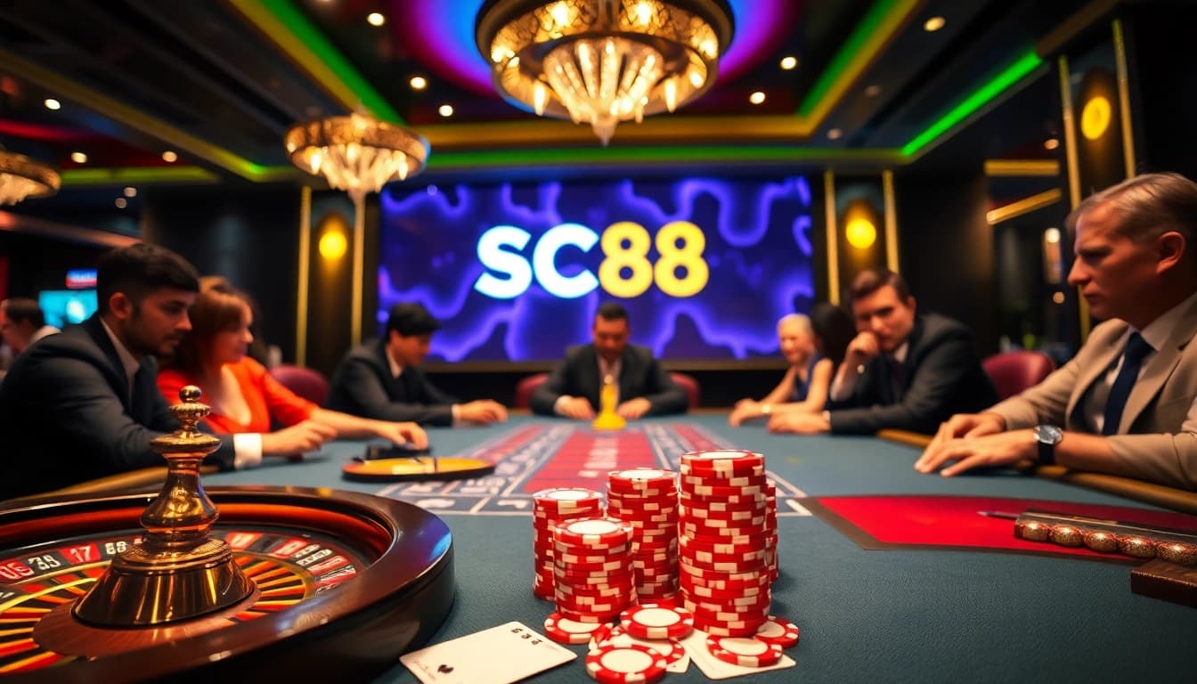 Exciting poker game at SC88 casino with vibrant chips and cards.