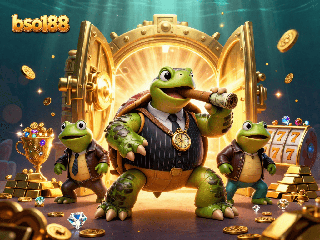 Win big at bso188 with a 3D illustration of a turtle mobster and treasure-filled casino scene.