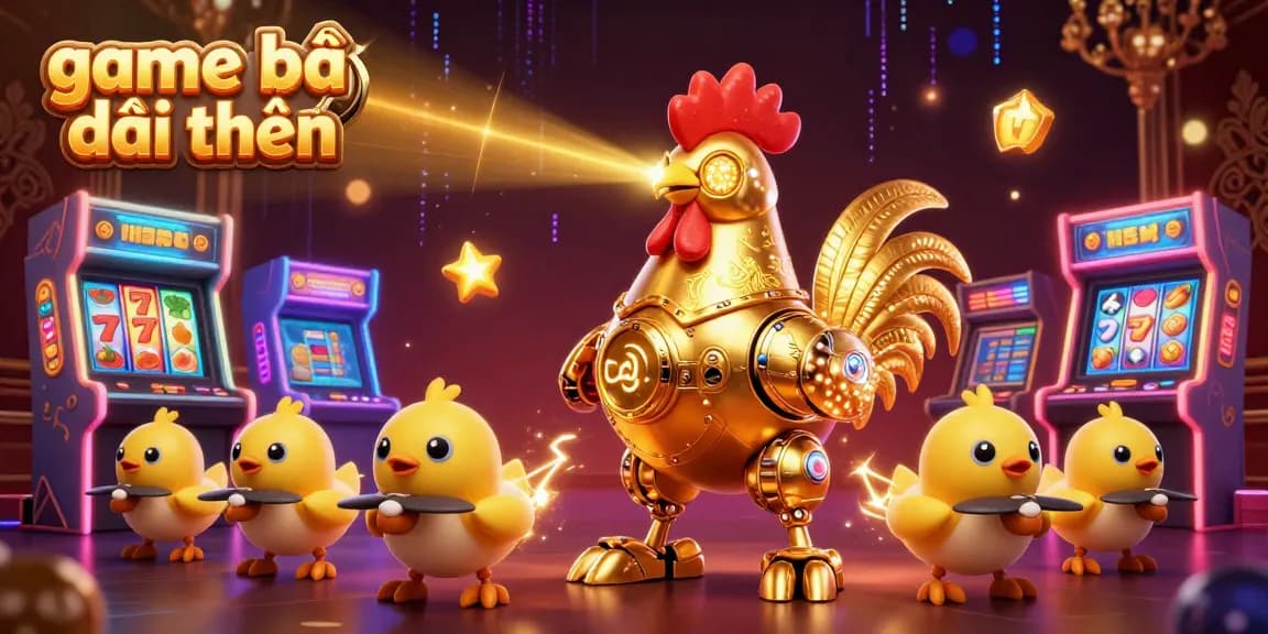 Engage in game bài đổi thưởng with a vibrant 3D illustration featuring a golden rooster robot amidst arcade games and glowing elements.