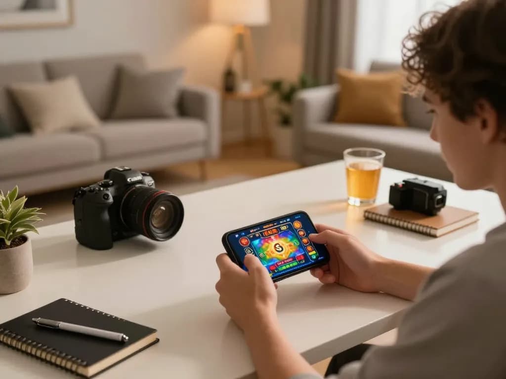 Engaging in mobile casino gaming with bj88bj on a smartphone, cozy home office atmosphere.
