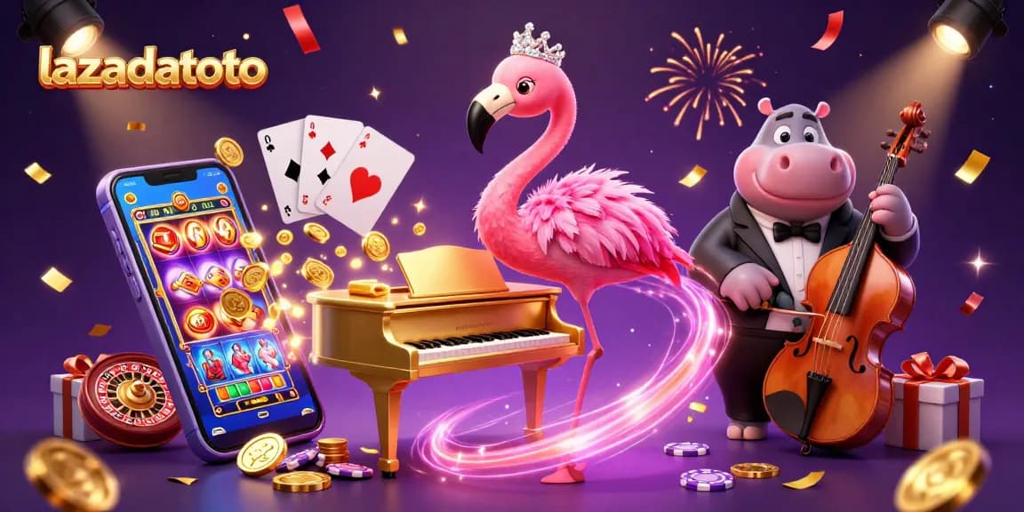 Visualisasi mencolok dari lazadatoto dengan penyanyi flamingo dan hippo dalam suasana kasino yang meriah.