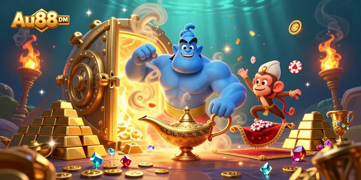Activate opportunities at Au88 DM with a cartoon genie and treasures in a casino-themed dynamic scene.