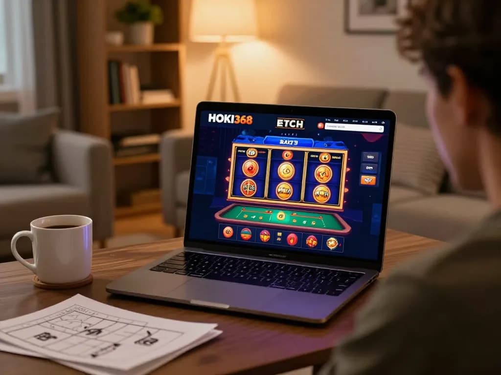 Pengalaman bermain game online yang menarik dengan antarmuka kasino HOKI368 di laptop di rumah.