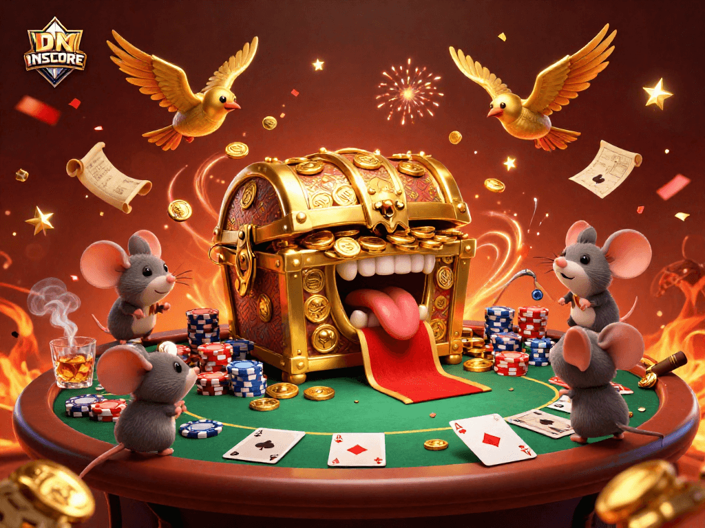 Engage with IDNSCORE's vibrant casino atmosphere featuring a treasure chest and poker elements.