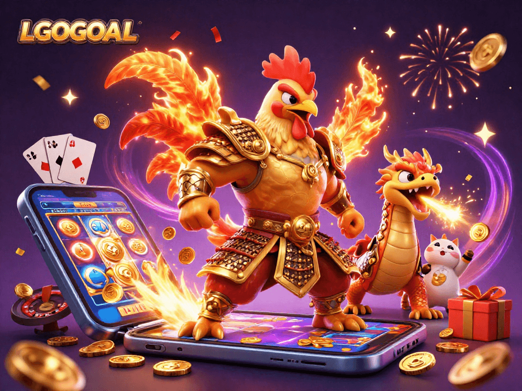 Experience the excitement of LGOGOAL, featuring a cartoon rooster warrior and dragon hatchling amidst colorful slot games.