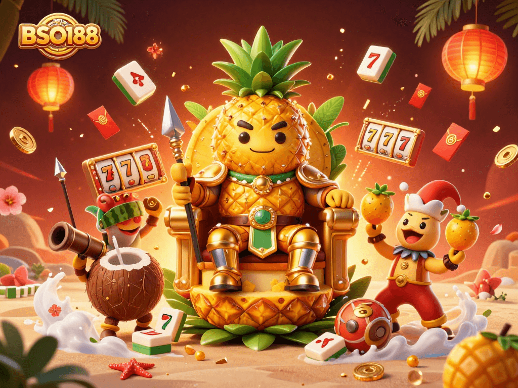 BSO188 showcases a vibrant casino illustration with a golden pineapple king and tropical guardians in a rich, energetic environment.