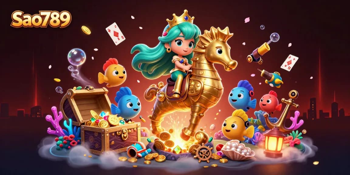 Sao789 offers thrilling underwater adventures with a mermaid exploring vibrant treasures and casino elements.
