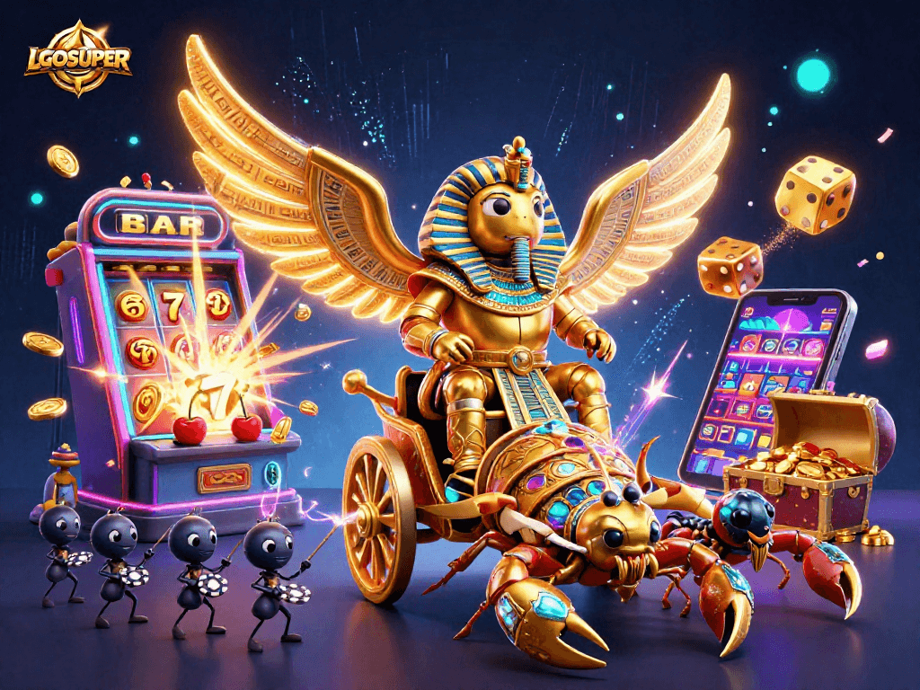 Experience the excitement of LGOSUPER's slot games with a vibrant illustration showcasing casino action.