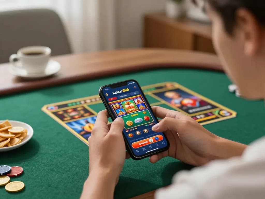 Kaisar888 mobile gaming with a user engaged on a smartphone, surrounded by a cozy home environment.