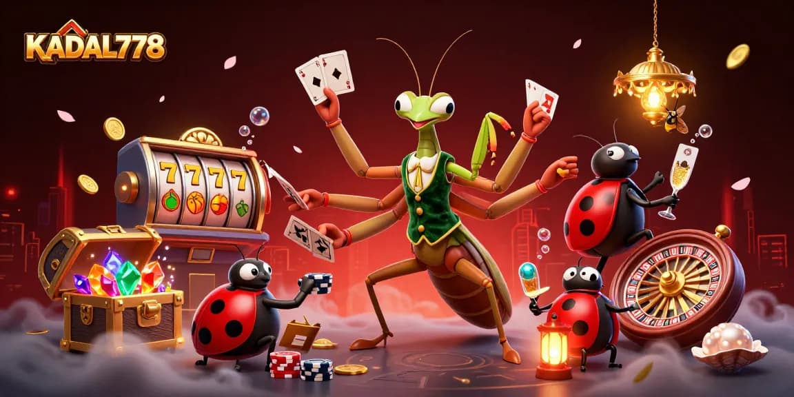 KADAL778 showcases an exciting casino scene with vibrant characters dealing cards, spinning slots, and celebrating wins