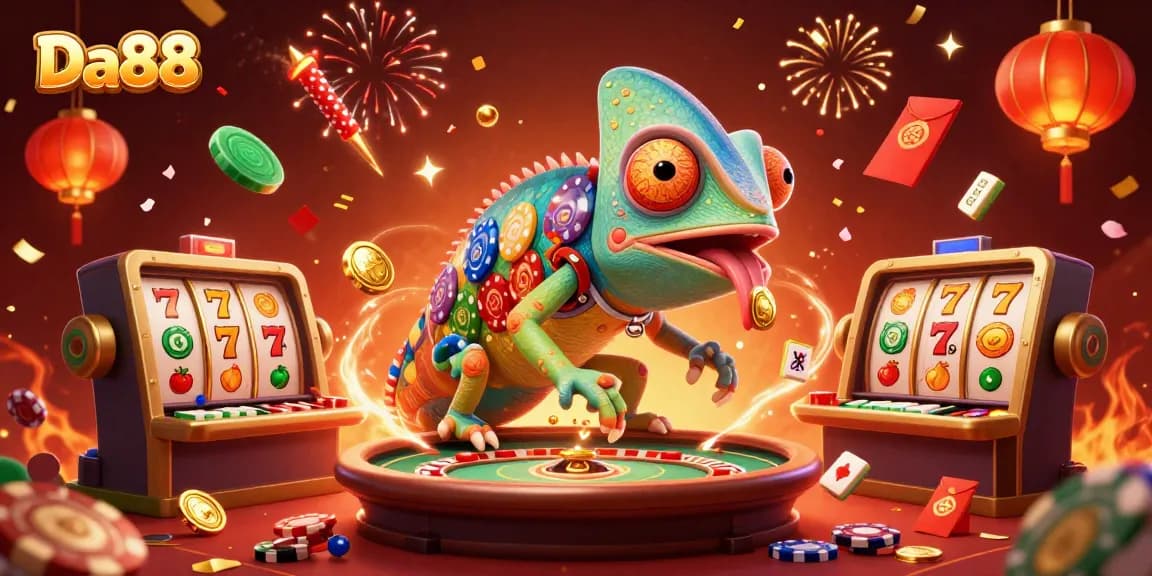 Engage with Da88's vibrant casino world featuring a chameleon owner and lively slot reels.