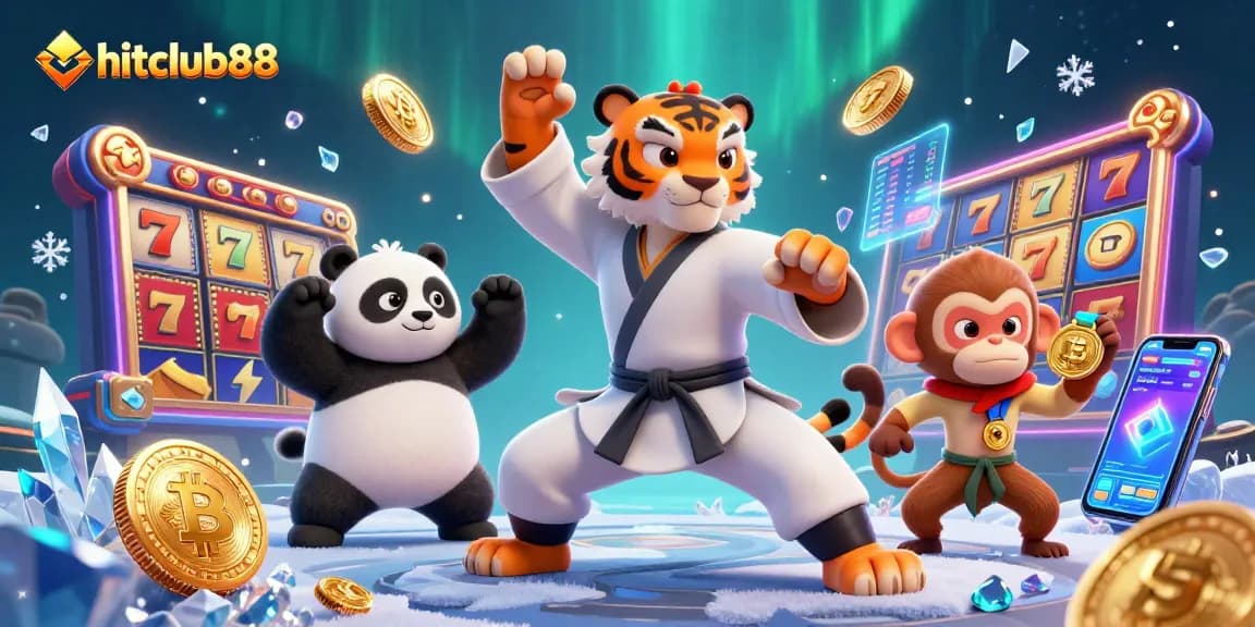 Engage with hitclub88's dynamic gaming world featuring vibrant slot reels and fun characters.