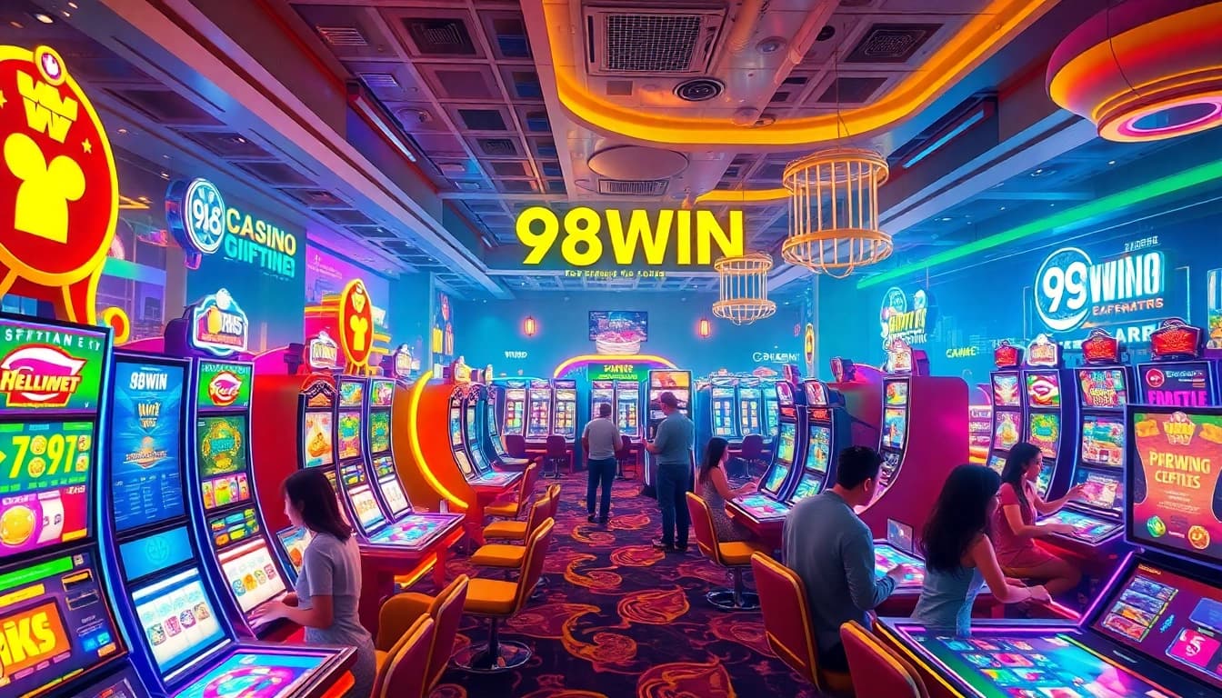 Exciting 98WIN casino scene with vibrant digital games and players.