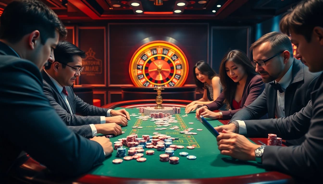 Exciting gameplay of Dominoqiu at a stylish casino table with vibrant poker chips.