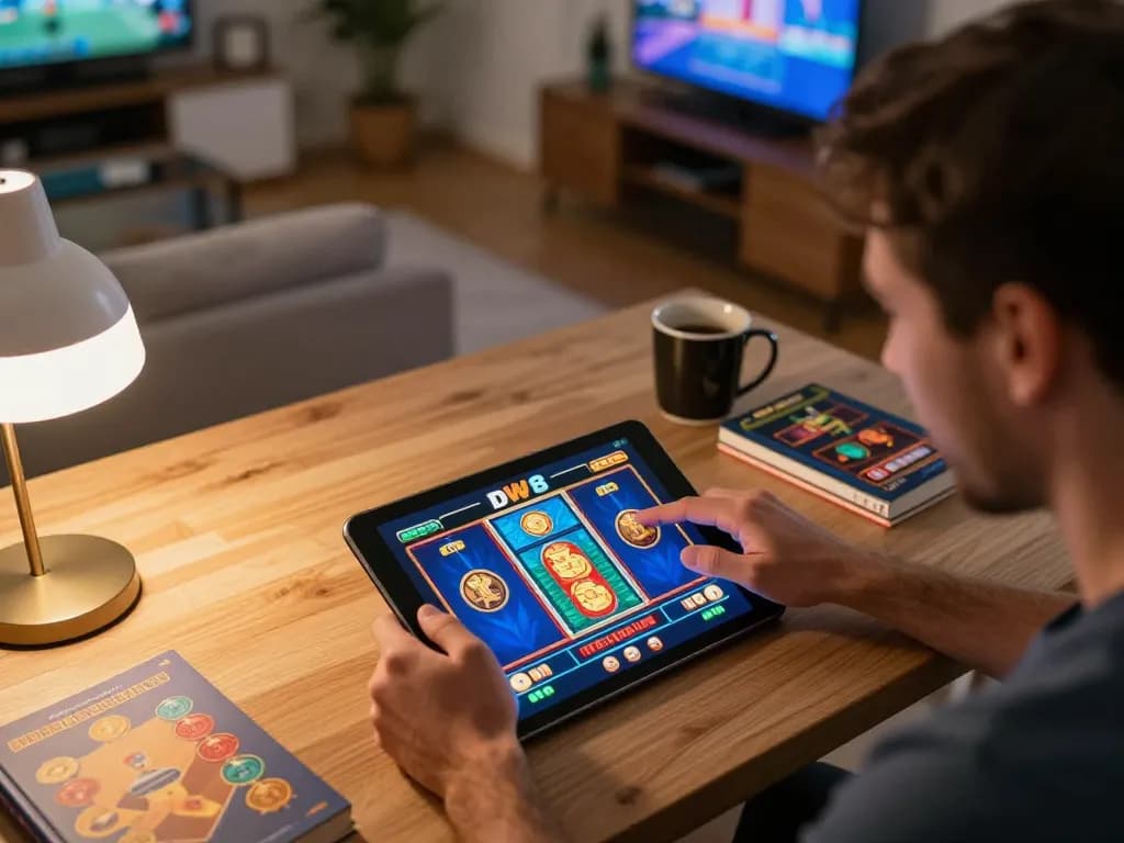 Player engages with the DW8 gaming interface on a tablet amid a cozy home gaming setup