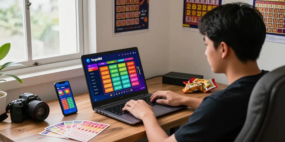 Excited player engaging on Togel88 website, showcasing Bandar Togel 4D Resmi Togel88 with lottery tickets and smartphone results.