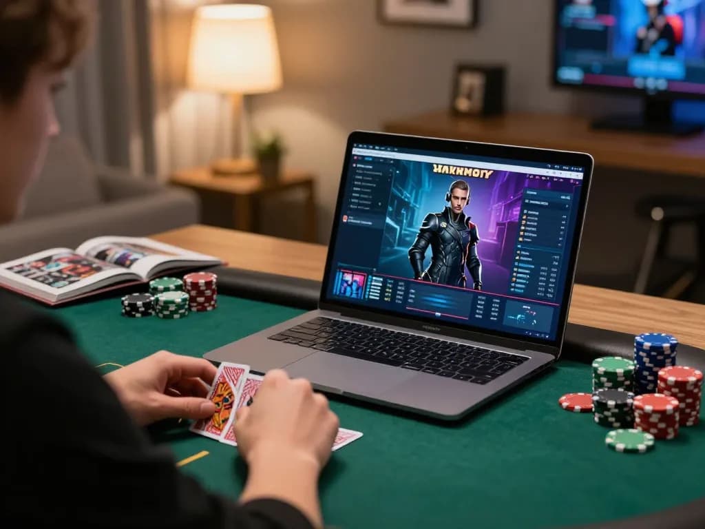 kp88 player conquering poker game at home with strategic focus and chip stacks visible.
