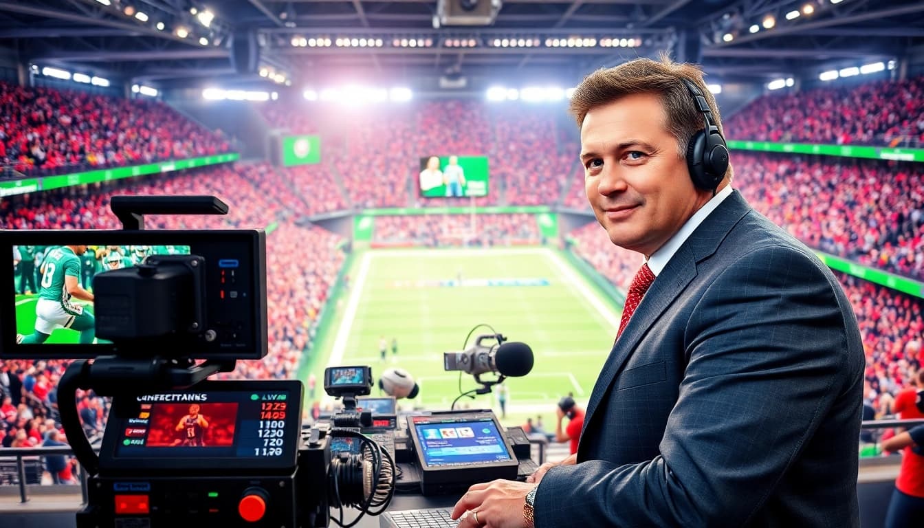Sports Broadcasting in action with a professional broadcaster surrounded by an energetic crowd.