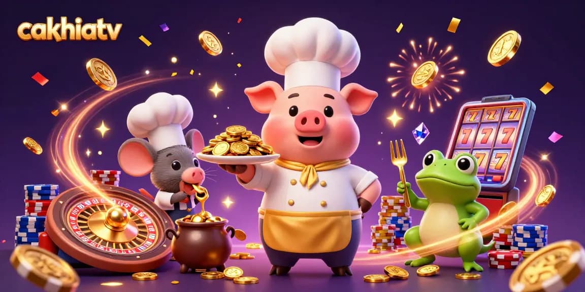 Cakhiatv features an engaging illustration of gourmet-themed gambling with chefs and vibrant casino elements.
