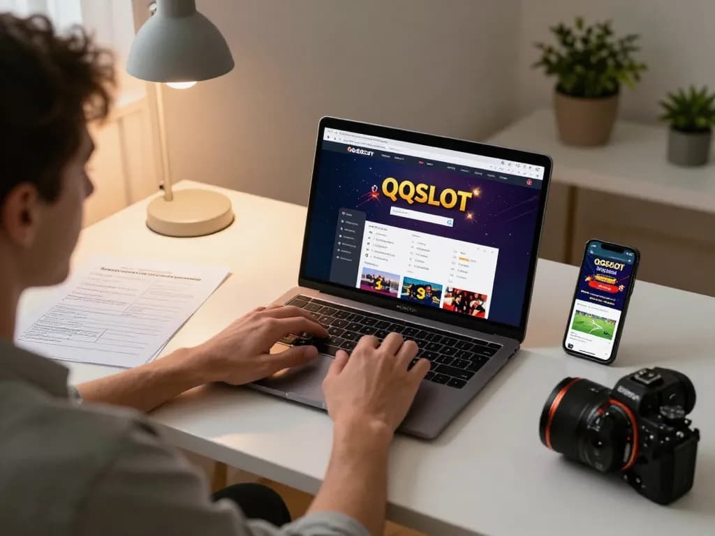 Engaging in strategic gameplay on QQSLOT platform with warm lighting and organized workspace