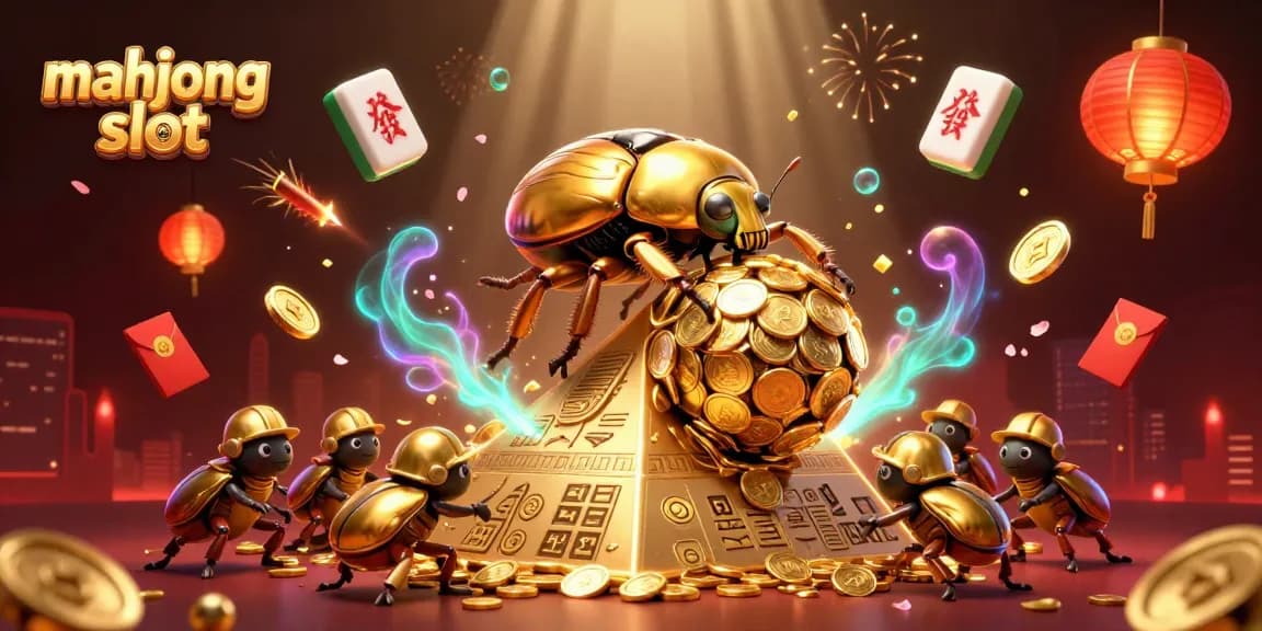 Experience thrilling mahjong slot gameplay with dynamic golden beetles and floating mahjong tiles.