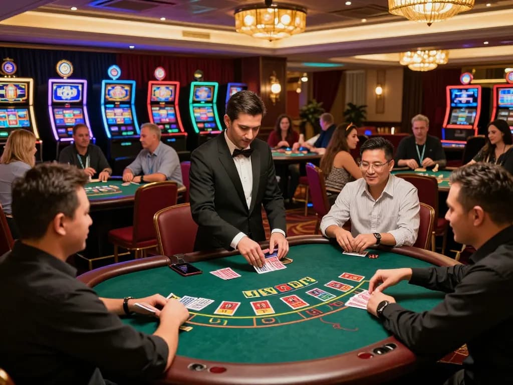 rokok88 players enjoying intense blackjack gameplay at an upscale casino, showcasing strategy and excitement