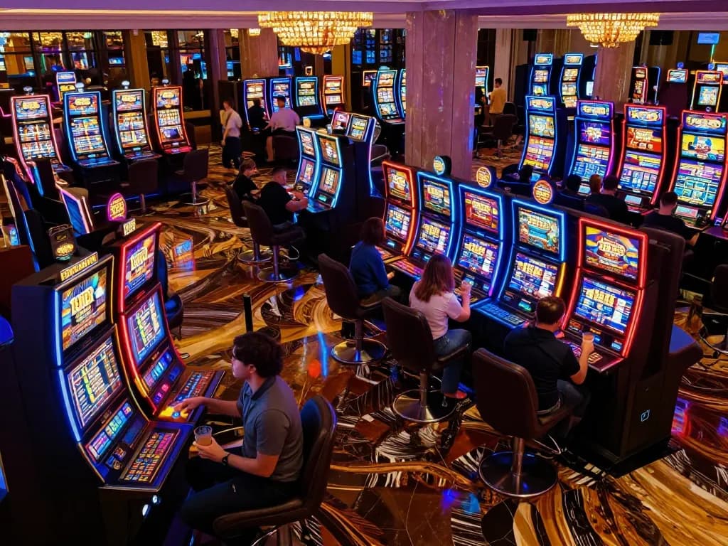 Các người chơi tận hưởng những máy slot sống động thể hiện các sản phẩm trò chơi của 12bet trong một không gian casino sôi động