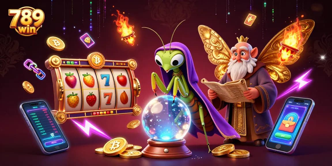 Engage with 789 win strategies through vibrant slot gaming elements in a mystical illustration.