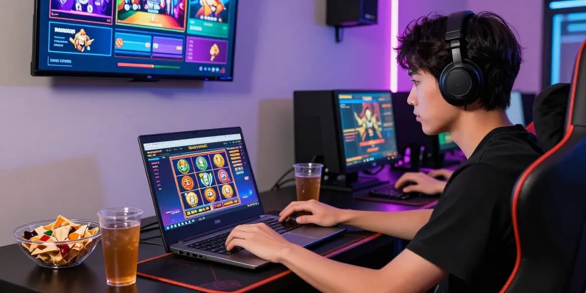 NAGAHITAM303: Pemain slot online antusias menggunakan laptop dengan tampilan situs dan suasana permainan yang energik.
