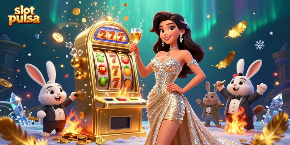 Experience thrilling wins with slot pulsa as golden coins burst from a jackpot slot machine.