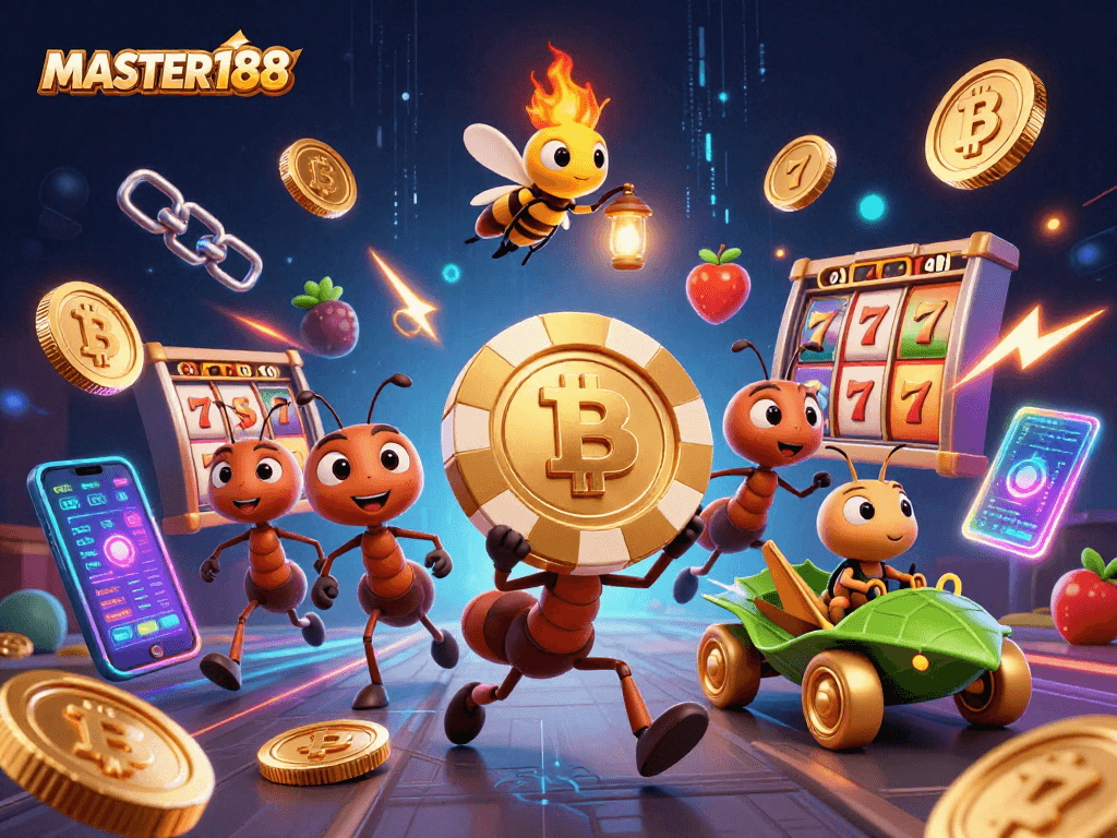 MASTER188's 3D cartoon ants heist scene with golden chip and vibrant casino elements.