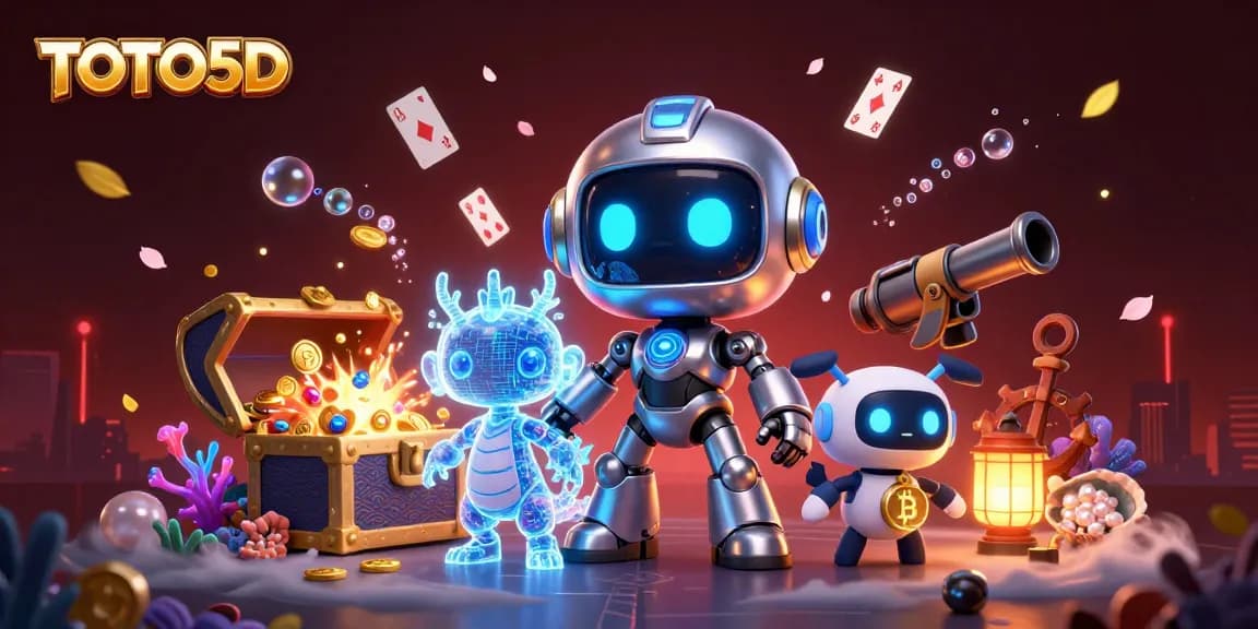 TOTO5D memikat pemain dengan ilustrasi robot futuristik menangkap harta karun kasino dan simbol bitcoin di latar belakang maya.