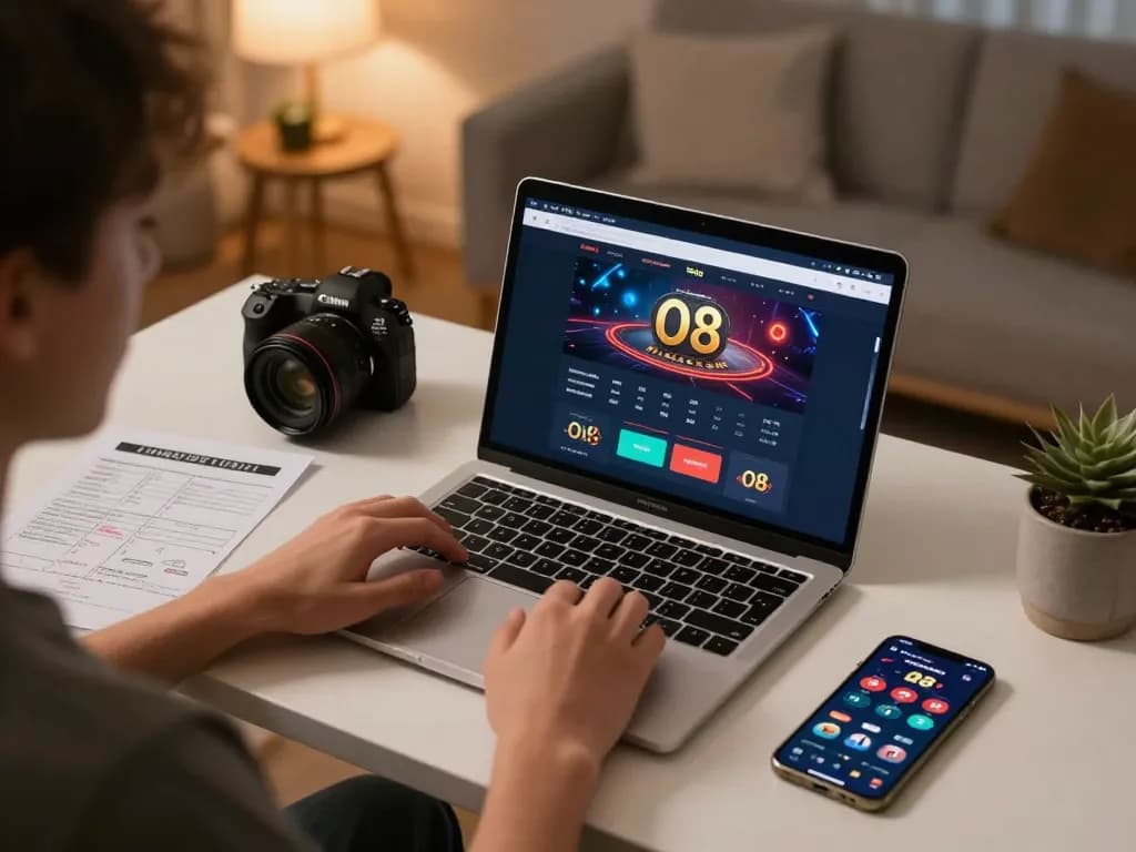 Engaging in online gambling at O8 with laptop showing betting interface and smartphone.