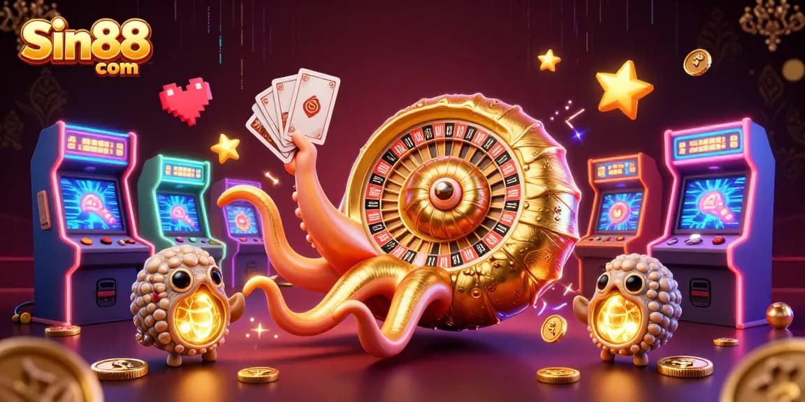 Engage in thrilling gameplay with Sin88 com, featuring a nautilus-themed roulette wheel and glowing arcade elements.