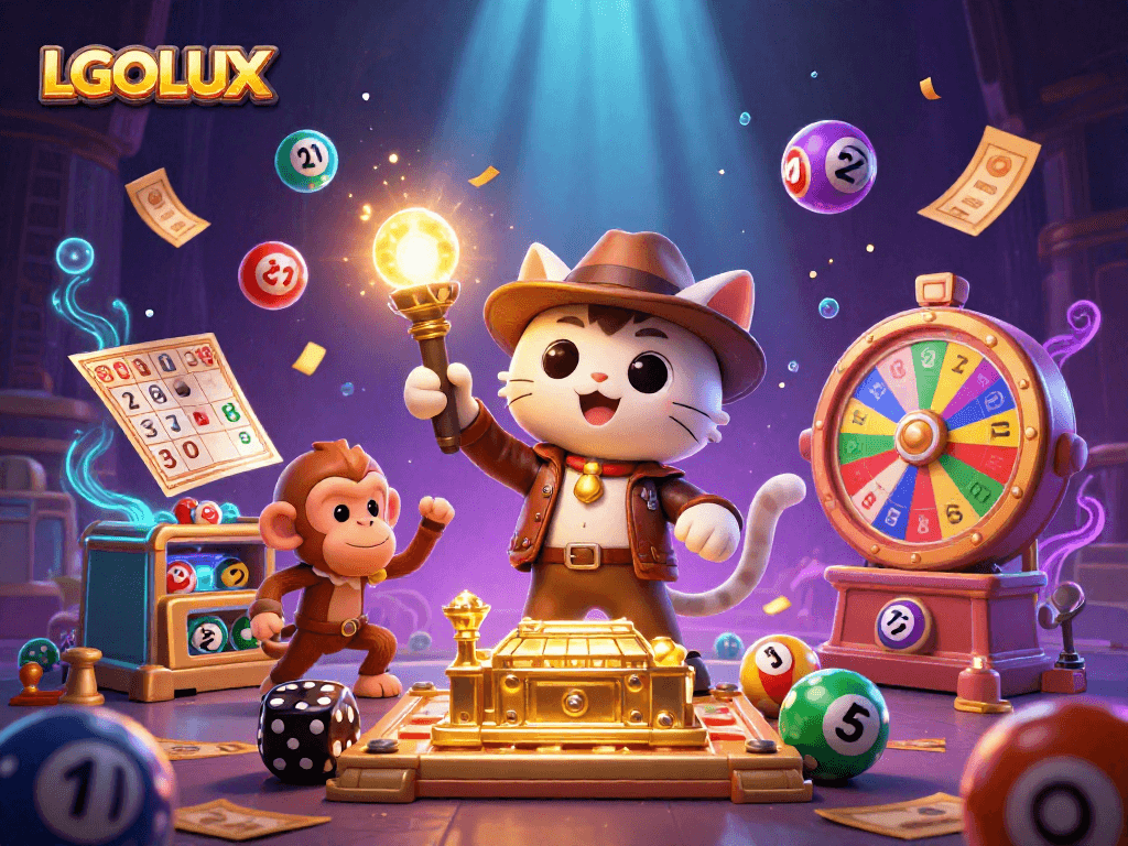 Engage with LGOLUX as the cat explorer uncovers thrilling casino artifacts amidst a vibrant game scene.