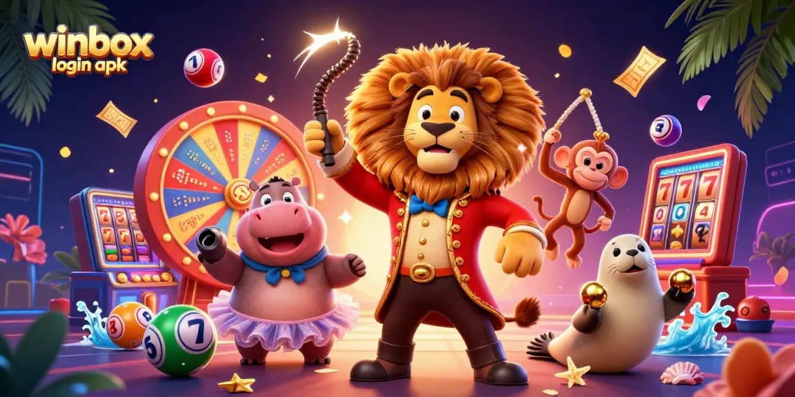 A playful scene showcasing winbox login apk in a vibrant casino setting with animated characters and gambling elements.
