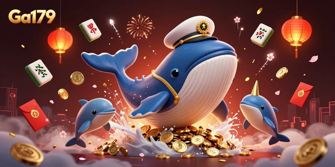 Ga179 features a whimsical scene with a 3D cartoon whale, narwhal, and dolphins celebrating a jackpot.