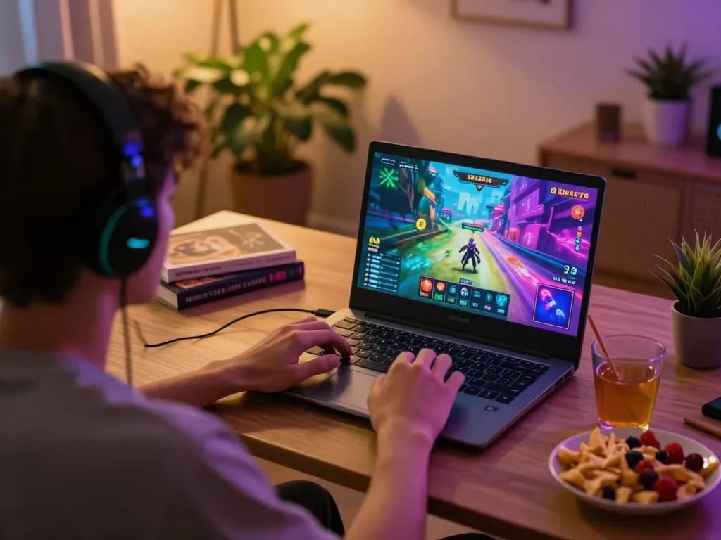 KADAL778 home gaming setup showing intense gameplay on laptop with snacks and drinks nearby