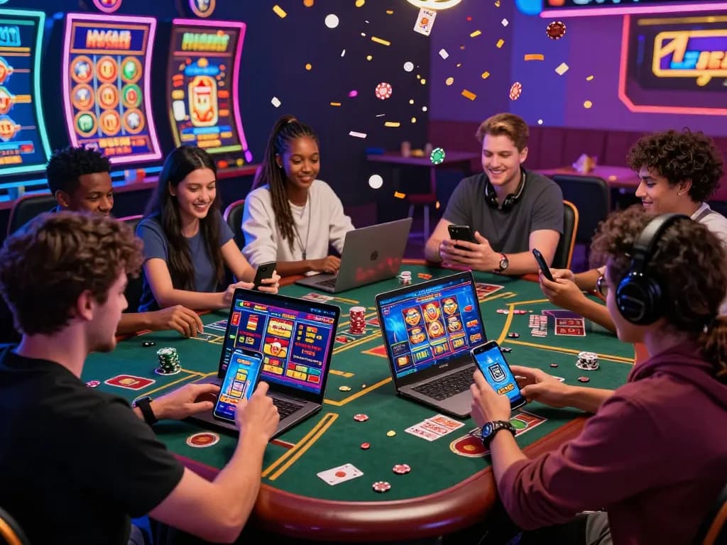 Diverse friends enjoying online gaming at https://hit-club.me/ with colorful graphics, casino elements, and energetic atmosphere.