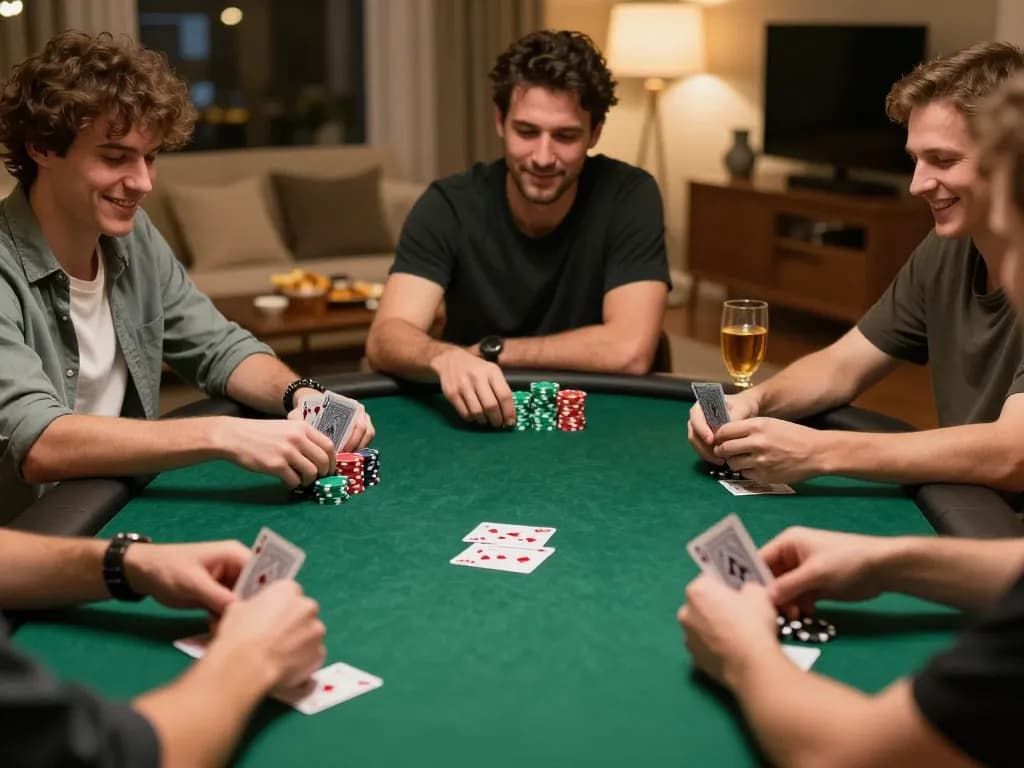 Players engaging in a competitive poker game at home with nhà cái 33win atmosphere, showcasing strategic gameplay.