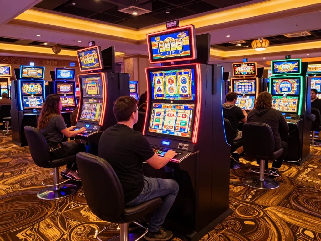 Players engaging with colorful slot machines in a lively casino environment, capturing a dynamic gaming moment