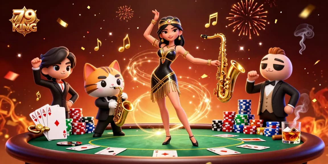 Experience thrilling gaming action at 79KING with our vibrant, dynamic casino illustration.