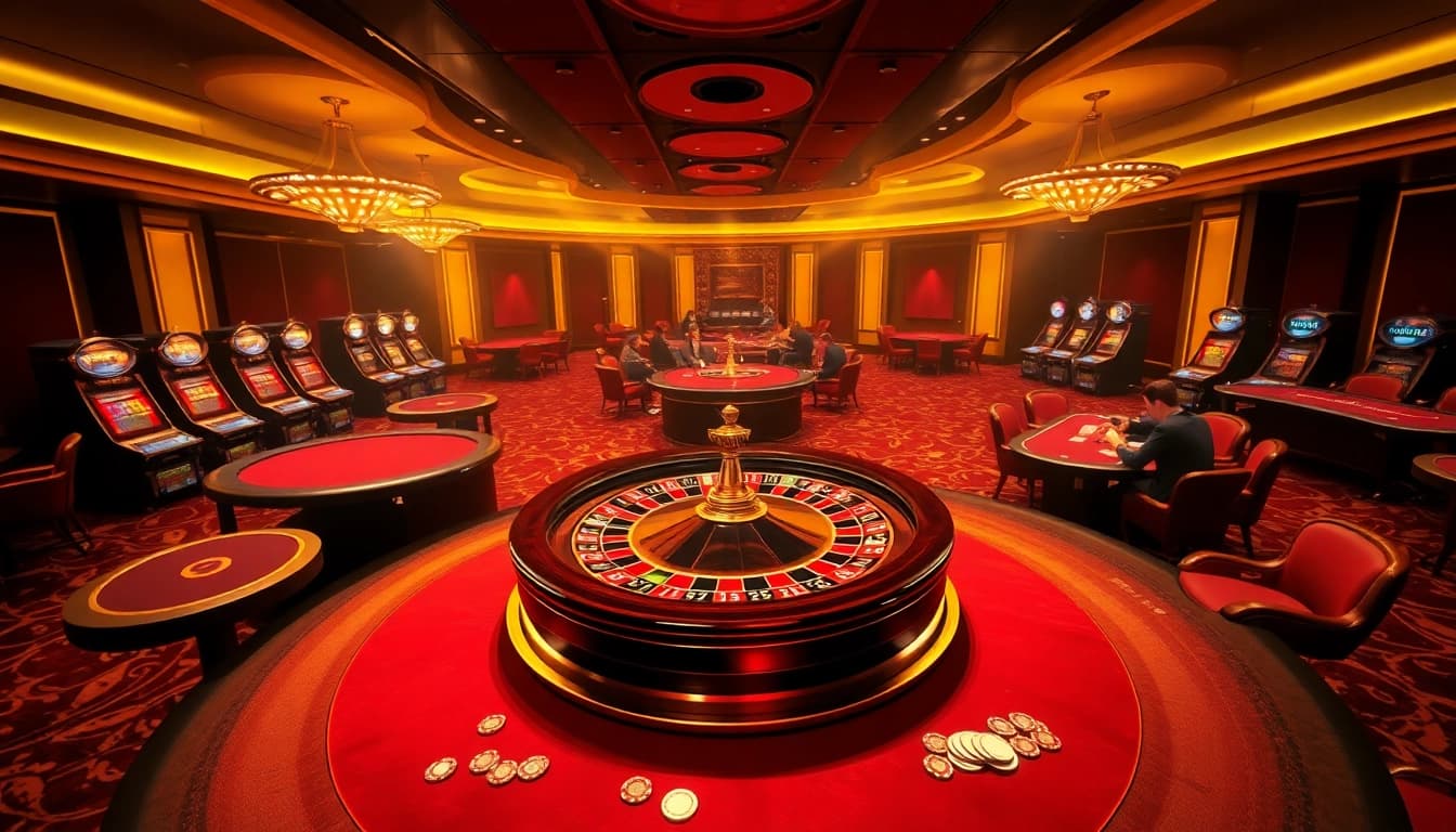 GG88 casino scene with roulette wheel and poker players showcasing luxury and excitement