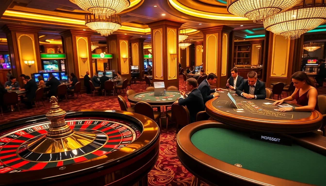 Players enjoying GO8-themed table games in a luxurious casino setting.