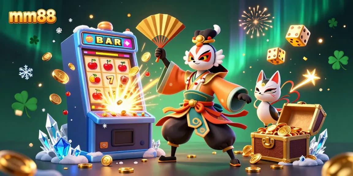 Experience mm88's vibrant casino world with kabuki warriors, jackpots, and treasures.