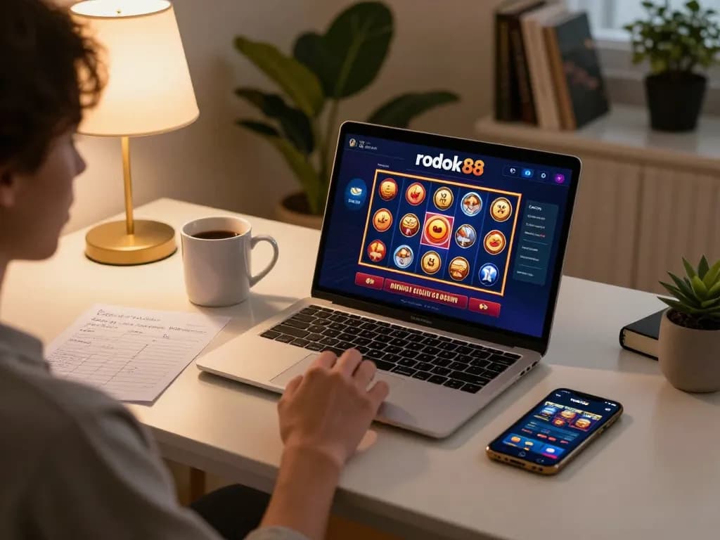 rokok88 player strategizing while using a laptop for online slots in a cozy, well-lit home office.