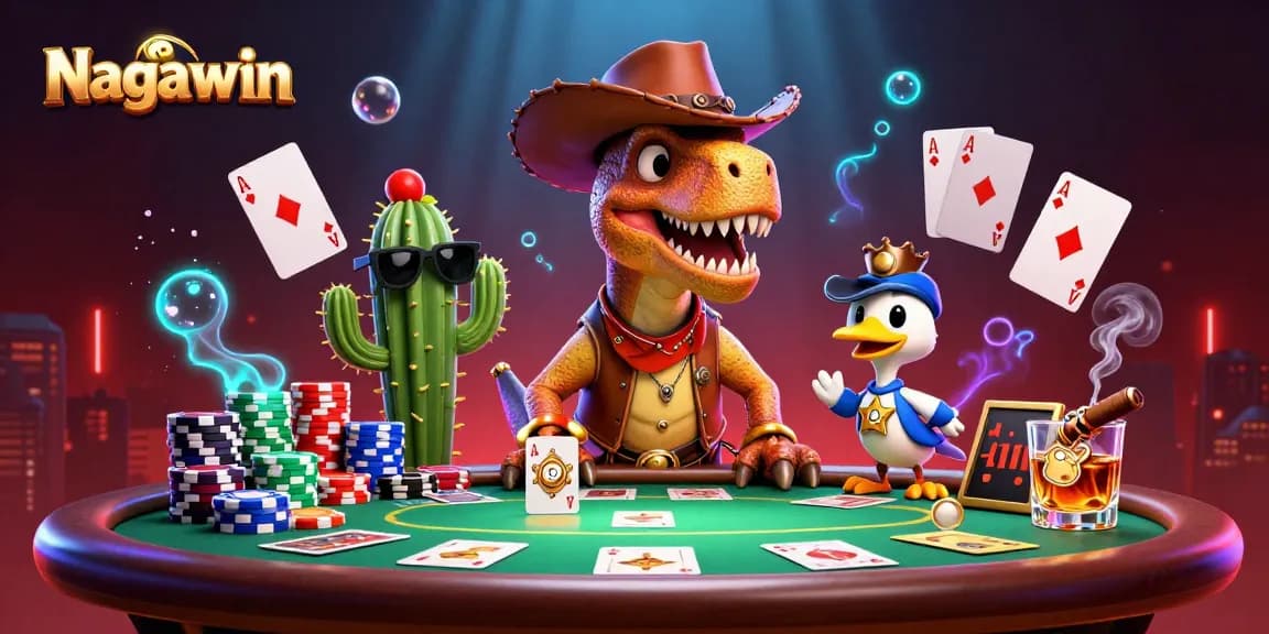 Nagawin offers thrilling poker action with a T-Rex cowboy and vibrant casino elements.