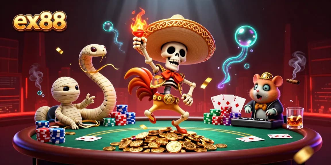 Experience ex88 thrills with a vibrant 3D cartoon scene featuring unique casino characters celebrating victory.