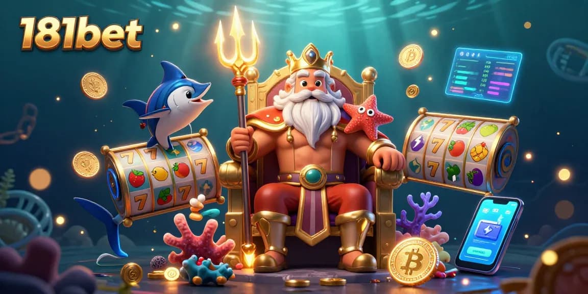 Win big at 181bet with exciting slot games and vibrant underwater scenery in this colorful casino illustration.
